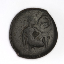 bronze coin, Chersonesos, griffins, kneeling Artemis, Artemis (mythology), dolphins, countermarks