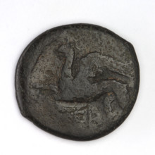 bronze coin, Chersonesos, griffins, kneeling Artemis, Artemis (mythology), dolphins, countermarks
