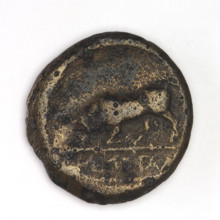 Bronze coin, Chersonesos Taurica, 300–290 BC. Obverse: Artemis (Deva) to the left thrusting a spear
