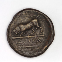 Bronze coin, Chersonesos, 300–290 BC. Obverse: Artemis to the left thrusting a spear into a
