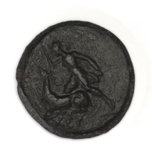 Bronze coin, Chersonesos (Chersonesos Taurica), 300–290 BC. Obverse: Artemis to the left thrusting