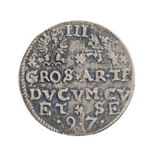 Trojak (with a bust of Frederick Kettler). Obverse: male bust with a beard facing right, in armor