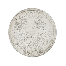 Trojak (with a bust of Wilhelm Kettler). Obverse: in the border a male bust with long hair and a