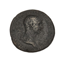 Trajan (53–117; Roman Emperor 98–117). Bronze coin, 116–117 CE, Rome. Obverse: bust of Trajan
