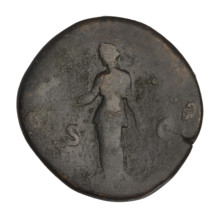 Sestertius of Hadrian (76–138; Roman emperor 117–138). Obverse: bust of Hadrian with laurel wreath