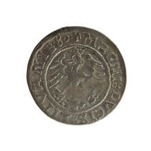 Lithuanian half-grosz, Sigismund I the Old (King of Poland; 1506–1548). Obverse: Pogon (mounted