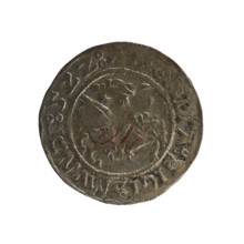 Lithuanian half-grosz, Sigismund I the Old (king of Poland; 1506–1548). Obverse: Chaser (coat of