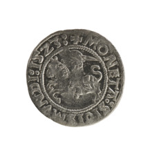 Lithuanian half-grosz, Sigismund I the Old (king of Poland; 1506–1548). Obverse: Pursuer turned