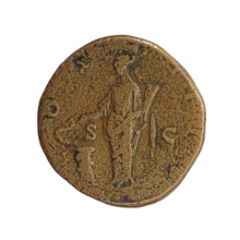 Sestertius of Antoninus Pius (86–161; Roman emperor 138–161). Obverse: head of Antoninus Pius in a