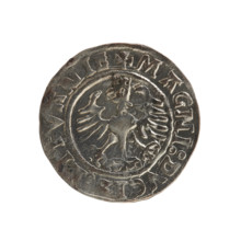 Lithuanian half-grosz, Sigismund I the Old (King of Poland; 1506–1548). Obverse: Pogon (Lithuanian