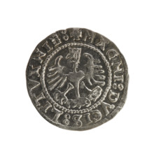 Lithuanian half-grosz, Sigismund I the Old (king of Poland; 1506–1548). Obverse: Pursuer turned
