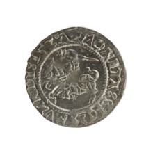 Lithuanian half-grosz, Sigismund I the Old (king of Poland; 1506–1548). Obverse: Pursuer turned