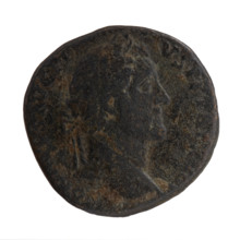 Sestertius of Antoninus Pius (86–161; Roman emperor 138–161). Obverse: Head of Antoninus Pius in a