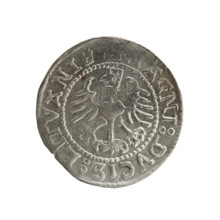 Lithuanian half-grosz, Sigismund I the Old (King of Poland; 1506–1548). Obverse: Pogon (mounted