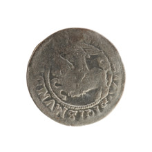 Lithuanian half-grosz, Sigismund I the Old (King of Poland; 1506–1548). Obverse: Pogon (Lithuanian