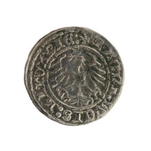 Lithuanian half-grosz, Sigismund I the Old (King of Poland; 1506–1548). Obverse: Pogon (mounted