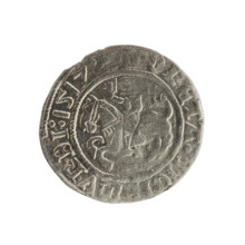 Lithuanian half-grosz, Sigismund I the Old (King of Poland; 1506–1548). Obverse: Pogon (Lithuanian