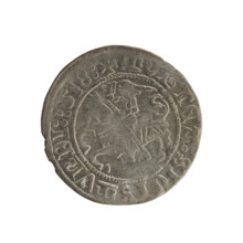 Lithuanian half-grosz, Sigismund I the Old (king of Poland; 1506–1548). Obverse: Pursuer turned