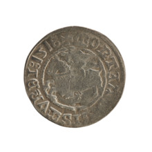 Lithuanian half-grosz, Sigismund I the Old (king of Poland; 1506–1548). Obv.: Pogon turned to the