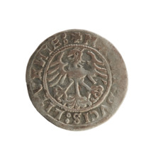 Lithuanian half-grosz of Sigismund I the Old (reigned 1506–1548). Obverse: Pursuer (Pogon) turned