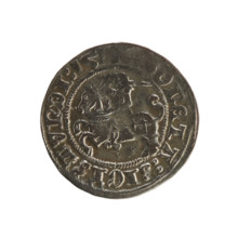 Lithuanian half-grosz, Sigismund I the Old (King of Poland; 1506–1548). Obverse: Pogon turned left;