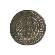 Lithuanian half-grosz, Sigismund I the Old (King of Poland; 1506–1548). Obverse: Pogon turned left;