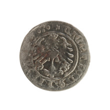 Lithuanian half-grosz, Sigismund I the Old (King of Poland; 1506–1548). Obverse: Pogon turned to