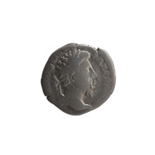 Denarius of Marcus Aurelius (121–180; Roman emperor 161–180). Obverse: Head of Marcus Aurelius with