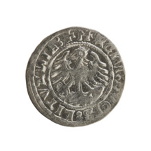 Lithuanian half-grosz, Sigismund I the Old (king of Poland; 1506–1548). Obverse: Pogon (Lithuanian