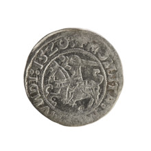 Lithuanian half-grosz, Sigismund I the Old (king of Poland; 1506–1548). Obverse: Pogon (mounted