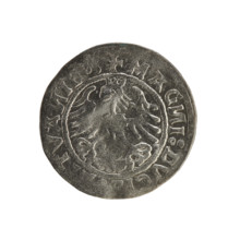 Lithuanian half-grosz, Sigismund I the Old (king of Poland; 1506–1548). Obverse: Pogon (Lithuanian