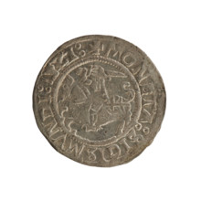 Lithuanian half-grosz, Sigismund I the Old (king of Poland; 1506–1548). Obverse: Pogon turned left;