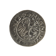 Lithuanian half-grosz, Sigismund I the Old (king of Poland; 1506–1548). Obv.: Pogon turned left; in