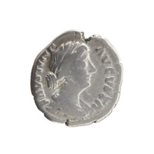 Denarius minted ca. 161–176 CE. Obverse: Bust of Faustina II in drapery facing right, inscription
