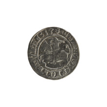 Lithuanian half-grosz, Sigismund I the Old (king of Poland; 1506–1548). Obverse: Pogon (mounted