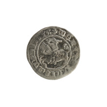 Lithuanian half-grosz, Sigismund I the Old (King of Poland; 1506–1548). Obverse: Pogon (Lithuanian