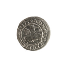 Lithuanian half-grosz, Sigismund I the Old (King of Poland; 1506–1548). Obverse: Pogon (mounted