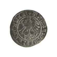 Lithuanian half-grosz, Sigismund I the Old (King of Poland; 1506–1548). Obverse: Pogon (Lithuanian
