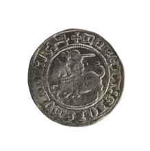 Lithuanian half-grosz, Sigismund I the Old (King of Poland; 1506–1548). Obverse: Pogon (mounted