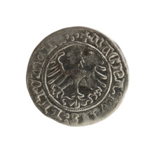 Lithuanian half-grosz, Sigismund I the Old (King of Poland; 1506–1548). Obverse: Pogon (mounted