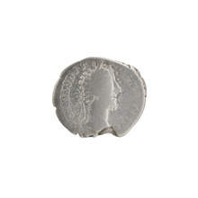 Denarius of Commodus (reign 177–192 CE). Obverse: Head of Commodus in laurel wreath facing right,