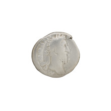 Denarius of Commodus (161–192 CE). Obverse: Head of Commodus in a laurel wreath facing right,