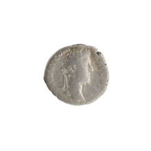 Denarius of Commodus (reign 177–192). Obverse: Bust of Commodus in laurel wreath and drapery facing