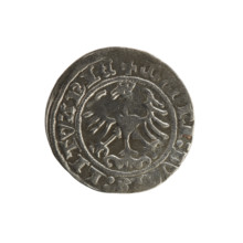 Lithuanian half-grosz, Sigismund I the Old (king of Poland; 1506–1548). Obverse: Pogon (mounted
