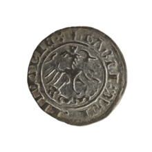 Lithuanian half-grosz, Sigismund I the Old (King of Poland; 1506–1548). Obverse: Pogon (Lithuanian