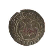 Lithuanian half-grosz, Sigismund I the Old (king of Poland; 1506–1548). Obverse: Pogon (mounted