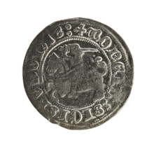 Lithuanian half-grosz, Sigismund I the Old (King of Poland; 1506–1548), 1516. Obverse: Pogon