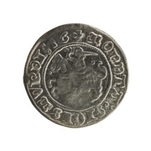 Lithuanian half-grosz, Sigismund I the Old (King of Poland; 1506–1548). Obverse: Pogon (Chaser)