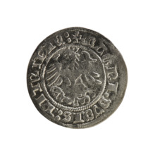 Lithuanian half-grosz, Sigismund I the Old (king of Poland; 1506–1548). Obverse: Pogon (mounted
