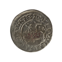 Lithuanian half-grosz, Sigismund I the Old (king of Poland; 1506–1548). Obverse: Pogon (mounted